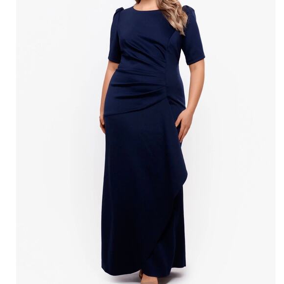 Xscape Faux Wrap Navy Maxi Evening Gown Dress Short Sleeve New Womens 6 Petite - Picture 1 of 11